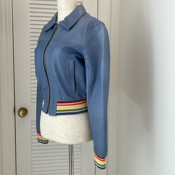 *RARE NWOT Hand Crafted The Mighty Company Blue Ribbed Leather Bomber Jacket XS